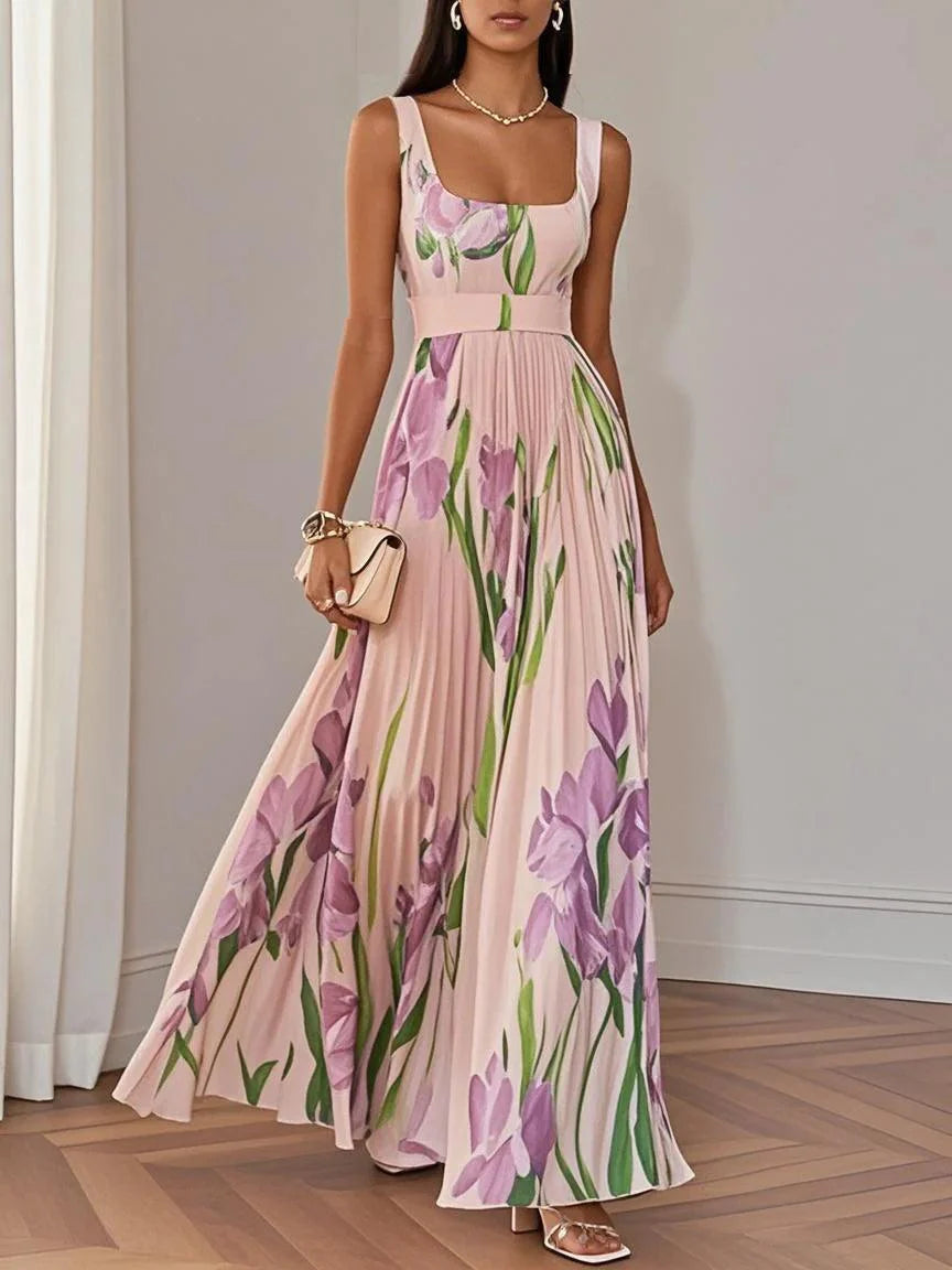 Floral Chiffon Square Neck Sleeveless A-Line Maxi Dress