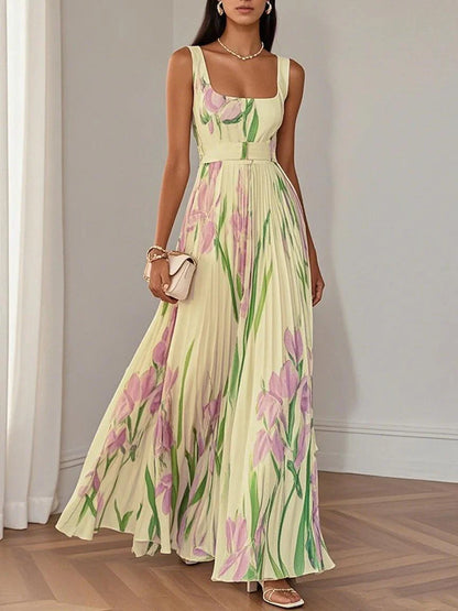 Floral Chiffon Square Neck Sleeveless A-Line Maxi Dress