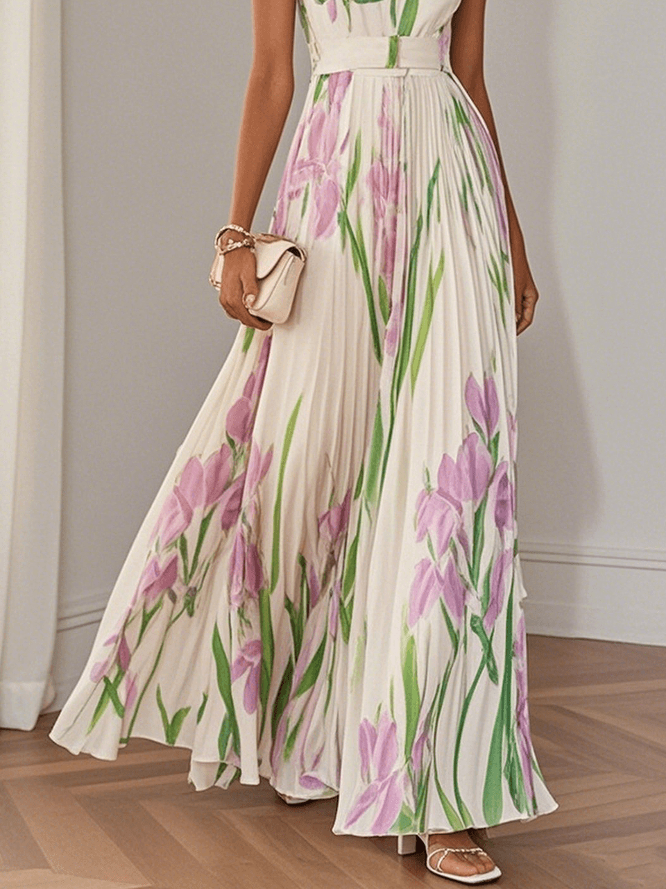 Floral Chiffon Square Neck Sleeveless A-Line Maxi Dress