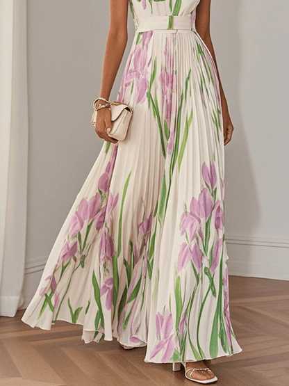 Floral Chiffon Square Neck Sleeveless A-Line Maxi Dress