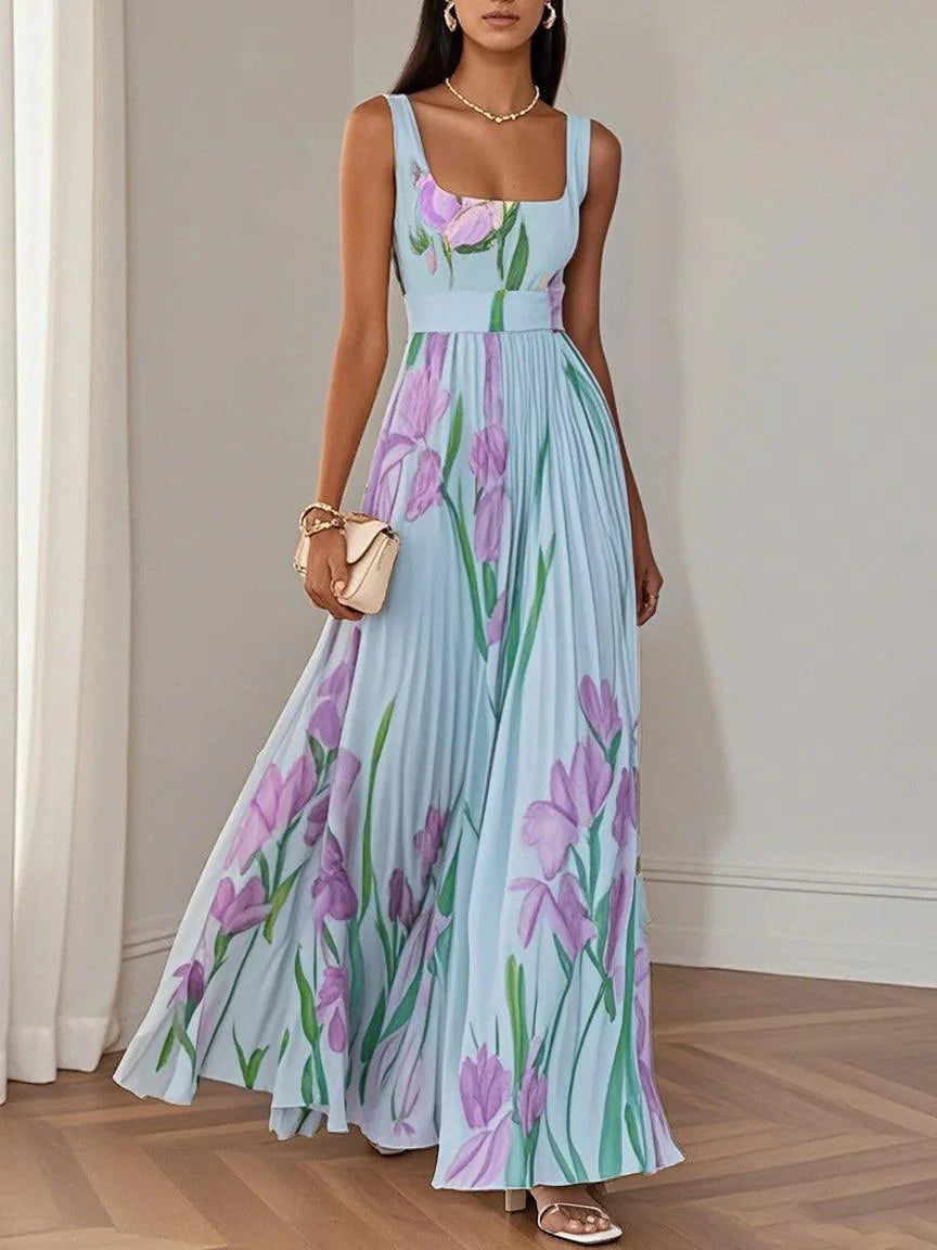 Floral Chiffon Square Neck Sleeveless A-Line Maxi Dress