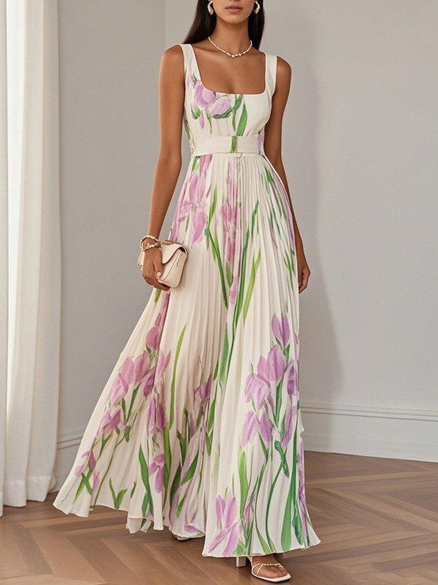 Floral Chiffon Square Neck Sleeveless A-Line Maxi Dress