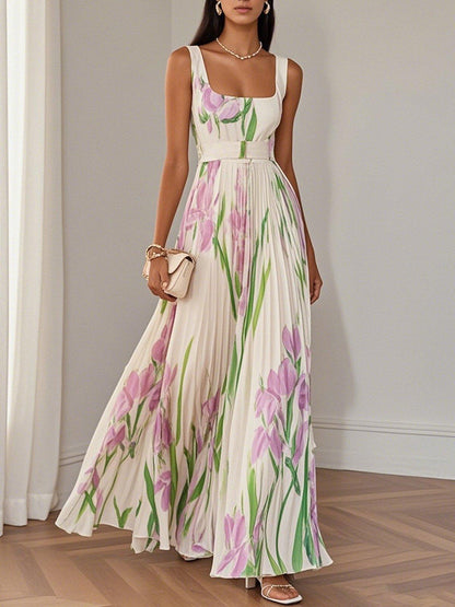 Floral Chiffon Square Neck Sleeveless A-Line Maxi Dress