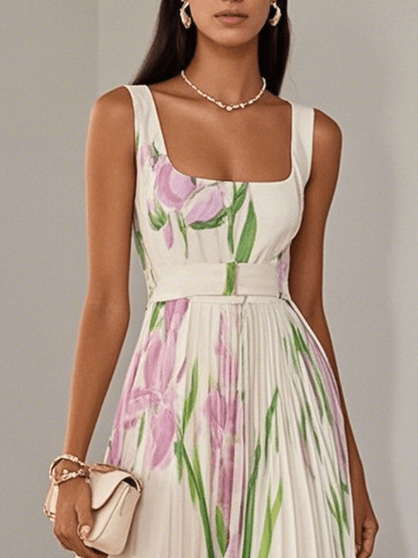 Floral Chiffon Square Neck Sleeveless A-Line Maxi Dress