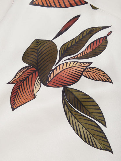 White Leaf Short Sleeve Satin Wrap Sheath Midi Dress