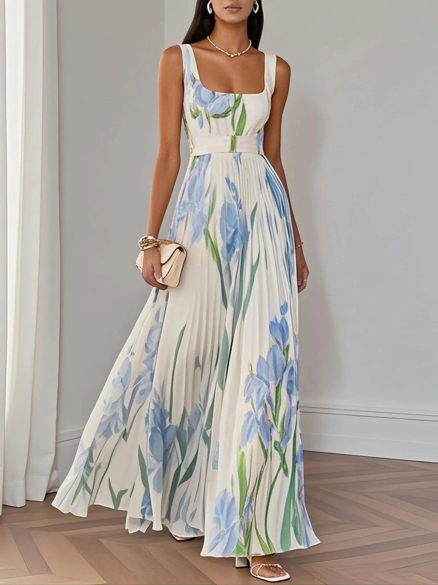 Floral Chiffon Square Neck Sleeveless A-Line Maxi Dress