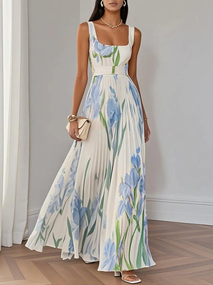 Floral Chiffon Square Neck Sleeveless A-Line Maxi Dress